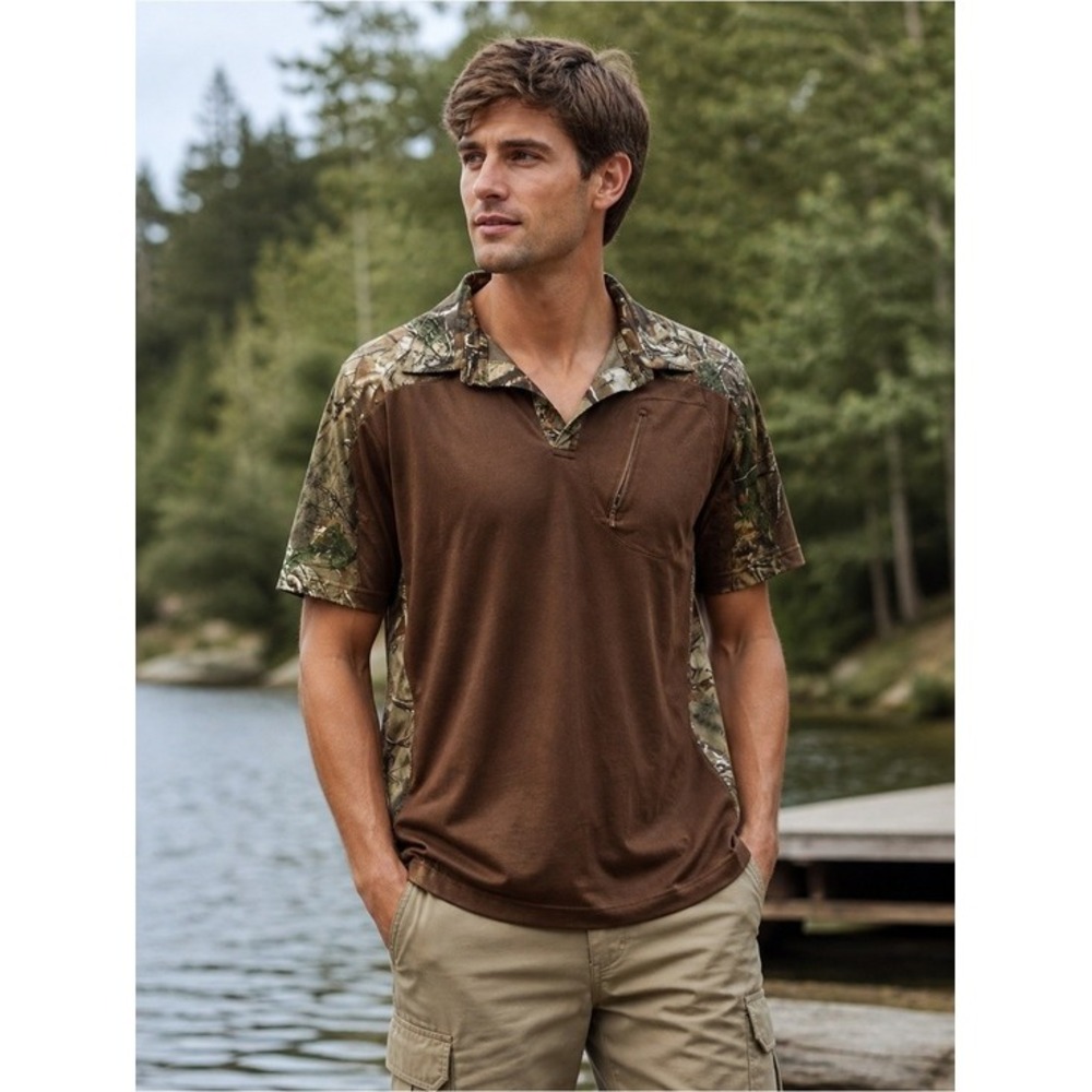 Tallwoods Elementwear Mens‎ Camo Polo Shirt Brown Short Sleeve Large Zip Pocket